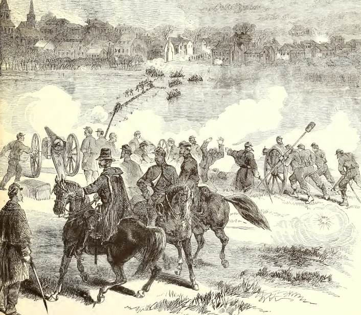 Union forces attacking Fredericksburg in December, 1862 crossed the Rappahannock River on boats and then pontoon bridges