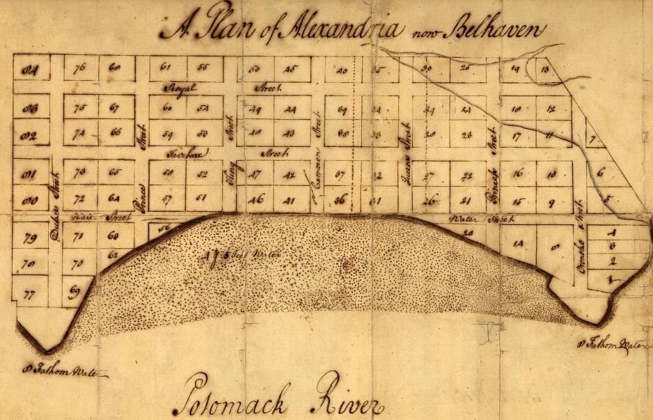George Washington's 1749 survey of Alexandria shows the earlier edge of the Potomac River (Water is now Lee street, and 115 Prince Street is on Lot 56)