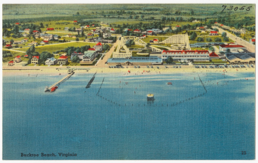 a 1930-1945 tourism postcard highlighted Buckroe Beach in Hampton