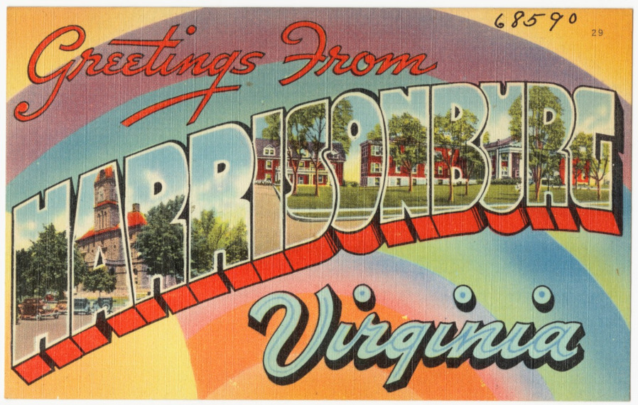 a 1930-1945 tourist postcard for Harrisonburg highlighted Virginia Military Institute and Washington and Lee University