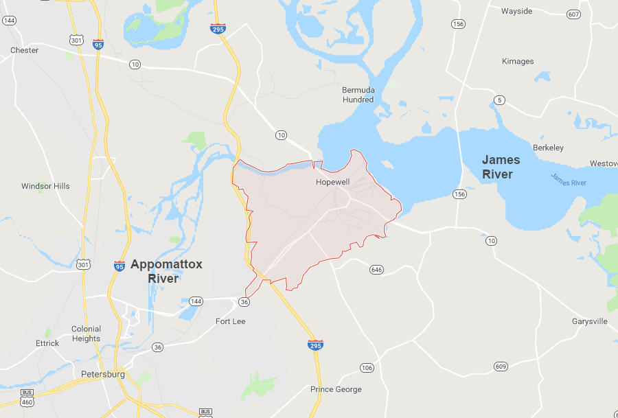 Hopewell is located at the confluence of the Appomattox and James rivers