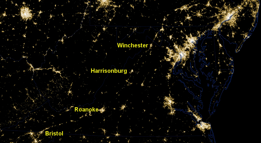 the line of cities along I-81, revealed by the pattern of lights at night, reflects the historic pattern of development since the 1700's when immigrants coming from Pennsylvania extended the Great Wagon Road on the west side of the Blue Ridge south into the Cumberland Valley of Tennessee