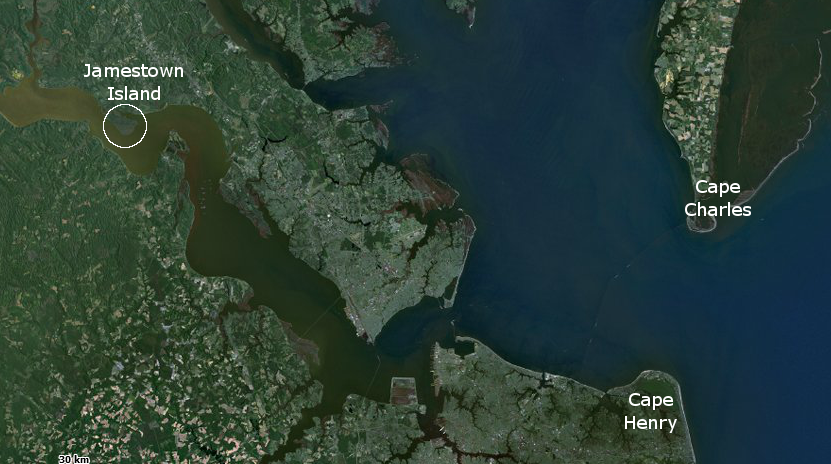 location of Jamestown, in relation to mouth of the Chesapeake Bay