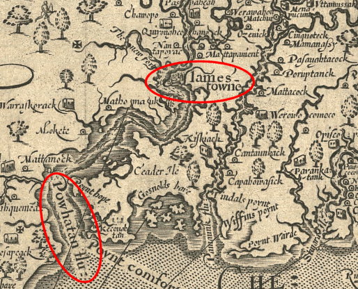 Jamestown was located on the Powhatan river, according to John Smith's map