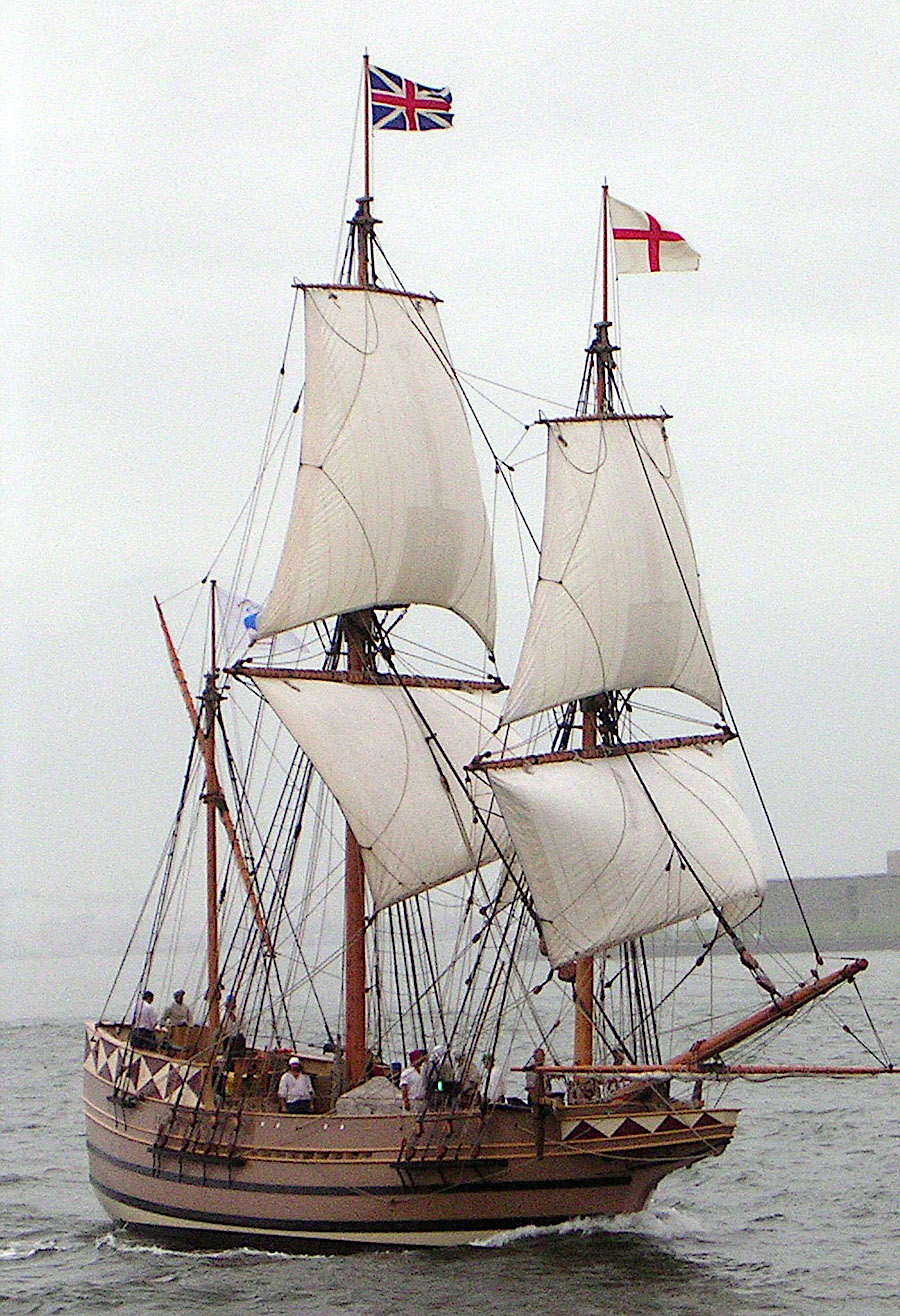 a replica of the Godspeed flying the English flag (right) and the Union Jack, adopted after Scottish King James IV became King James I of England