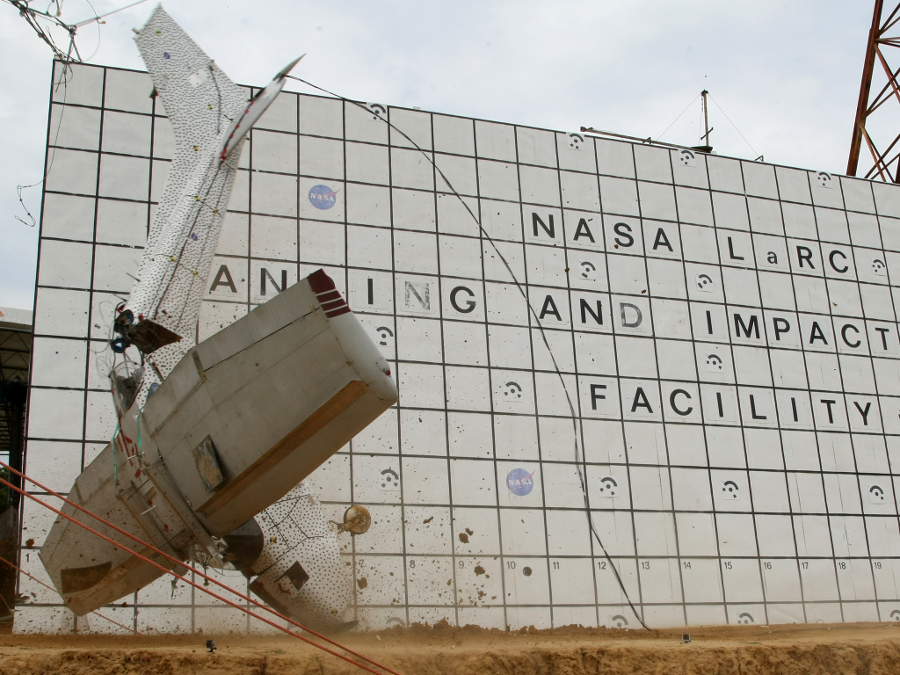 NASA conducts research on airplane technology and safety, including full-scale crash testing, at the Langley Research Center in Hampton