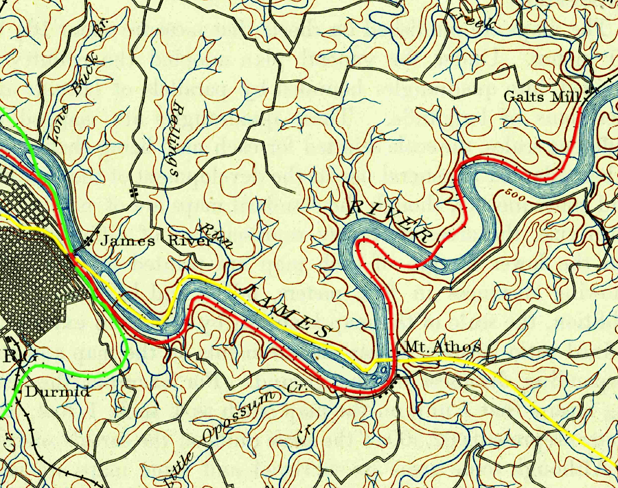 after 1894 Lynchburg was served by the Norfolk and Western (yellow), Chesapeake and Ohio (red), and  Southern (green) railroads