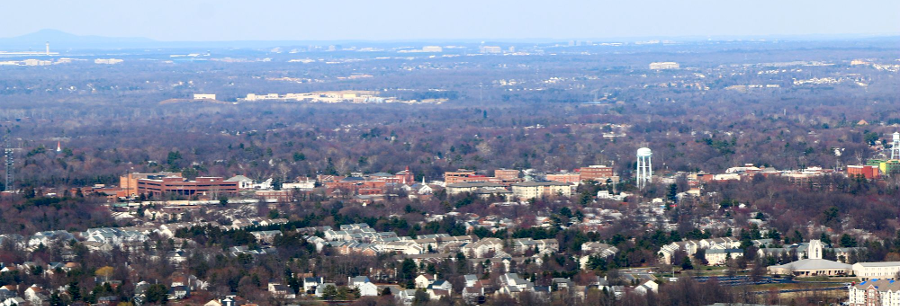 downtown Manassas in 2018, from Judicial Center (on left) to old water tower next to fire station (on right)