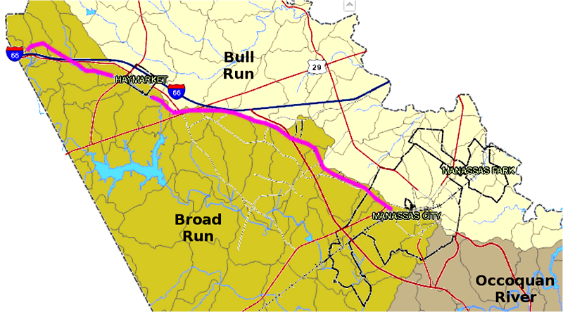 Manassas Gap Railroad (purple line) follows the watershed divide west towards Thoroughfare Gap