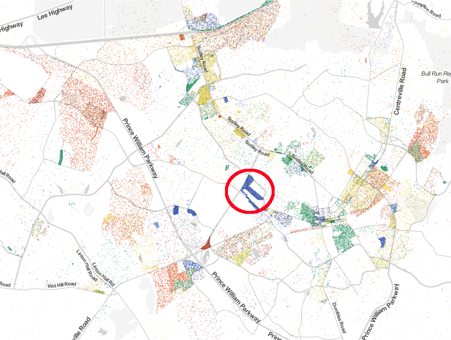 Professional Services jobs (blue dots) in Manassas are concentrated where IBM opened its plant in 1968