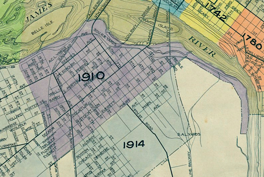 Manchester (shaded purple) disappeared as an independent city when it was absorbed into Richmond in 1910