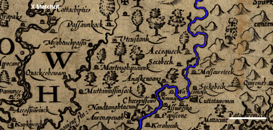 Pocahontas crossed the Rappahannock River (blue line) into territory that may have been less obedient to Powhatan, who was based in Matchut in 1609