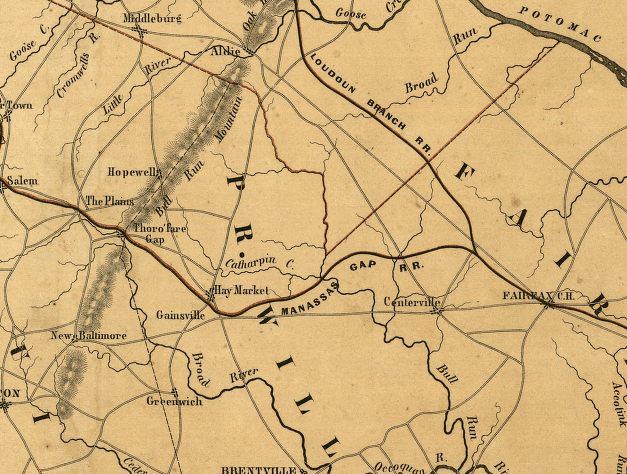 Manassas Gap Railroad - proposed route in 1855, with no connection to Orange and Alexandria Railroad