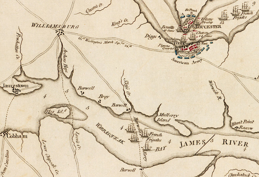 the French fleet had frigates in the James River at Mulberry Island in 1781, as it blocked General Cornwallis from escaping Yorktown