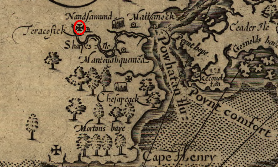 John Smith explored up the Nansemond River to the site marked with a Maltese cross