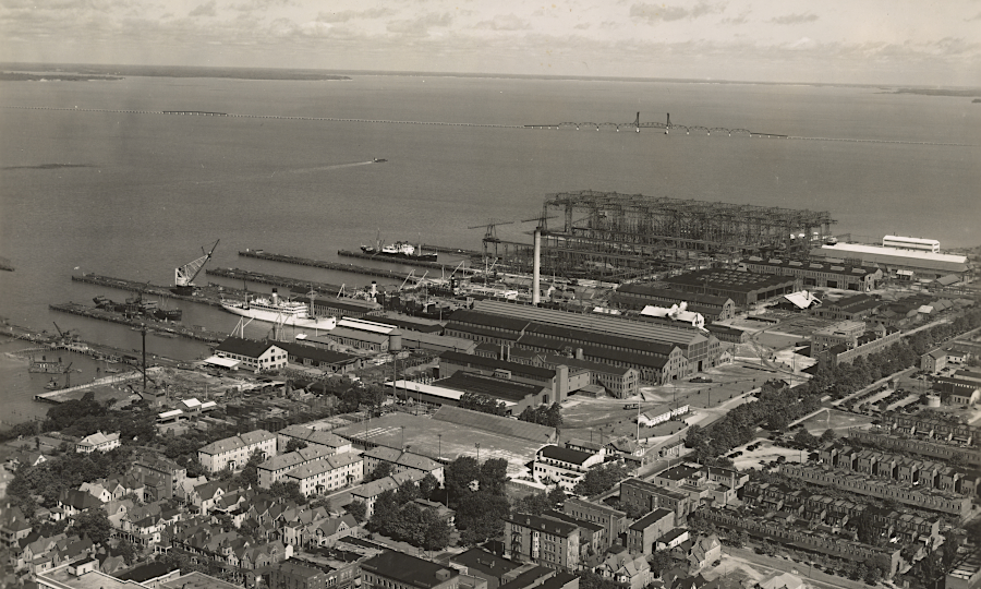 Newport News shipyard after James River Bridge was built in 1928