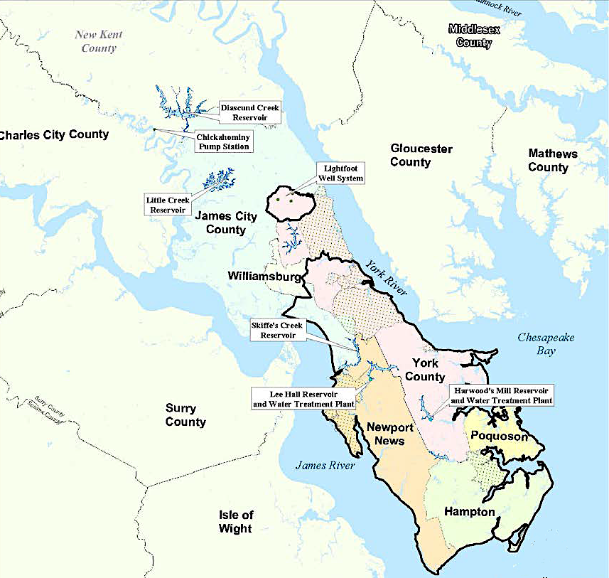 Newport News Waterworks has reservoirs to store surface water and two drinking water treatment plants to process it