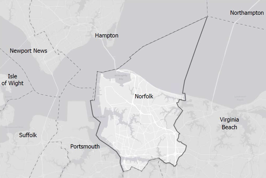 Norfolk's municipal boundaries extend beyond the shoreline into the Chesapeake Bay