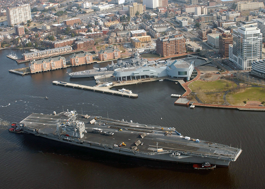 the battleship Wisconsin is permanently docked at the Nauticus science and technology center next to Town Point, but tourists in Norfolk often see operating warships in the harbor