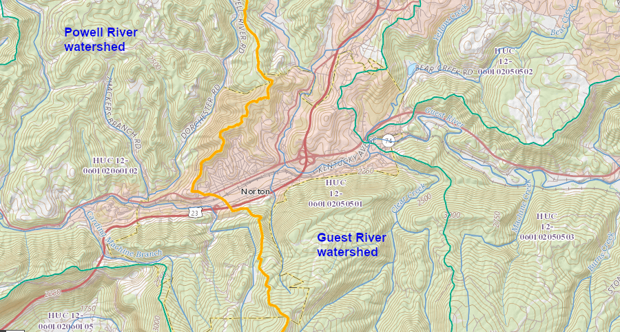 Norton is located on the watershed divide between the Guest and Powell rivers
