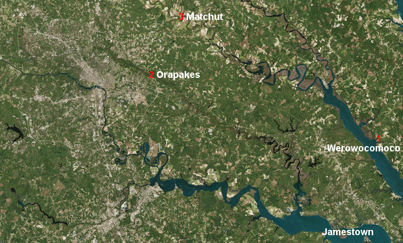 Orapakes was Powhatan's second capital, after Werowocomoco and before Matchut