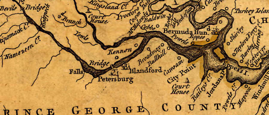 the 1755 Fry-Jefferson map of Virginia shows Petersburg and Prince George County