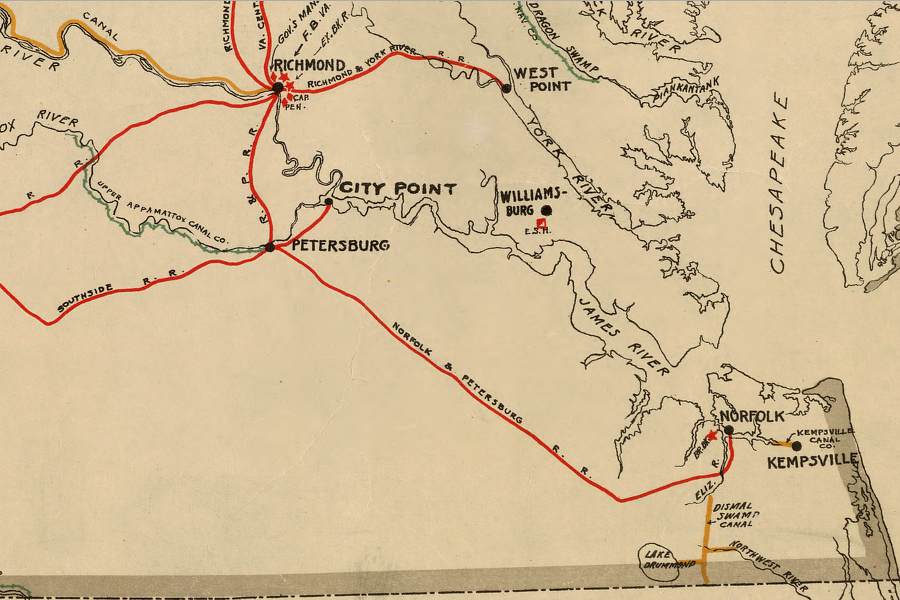 by 1861, the state of Virginia had funded railroad connections to Petersburg from multiple directions