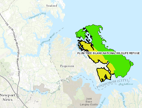 in addition to the wetlands already acquired by the US Fish and Wildlife Service (colored green), the authorized boundaries of Plum Tree Island National Wildlife Refuge would allow for further acquisition of wetlands east of Lawson Road/Poquoson Avenue (colored yellow)