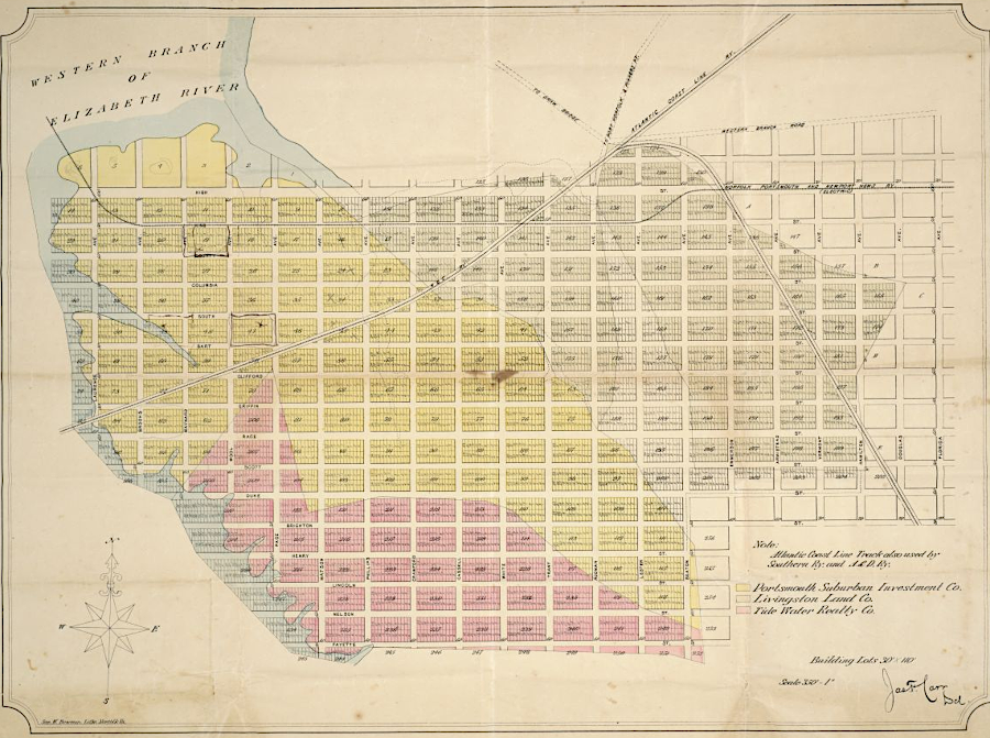 Portsmouth was developed in a rectangular pattern imposed upon the natural alignment of streams and the Western Branch of the Elizabeth River