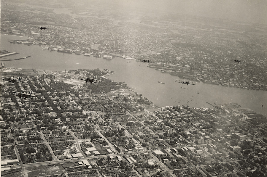 Langley Field biplanes flying over Portsmouth in the 1930's