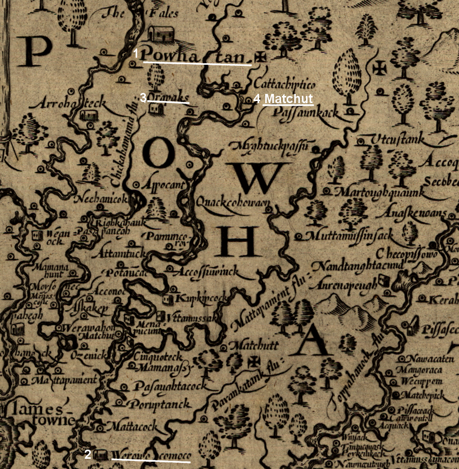 the four capitals of Powhatan, from his original inheritance at the Fall Line to Matchut