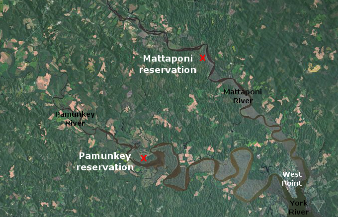 modern reservations for Pamunkey and Mattaponi tribes are upstream from West Point, at the confluence of Mattaponi and Pamunkey rivers