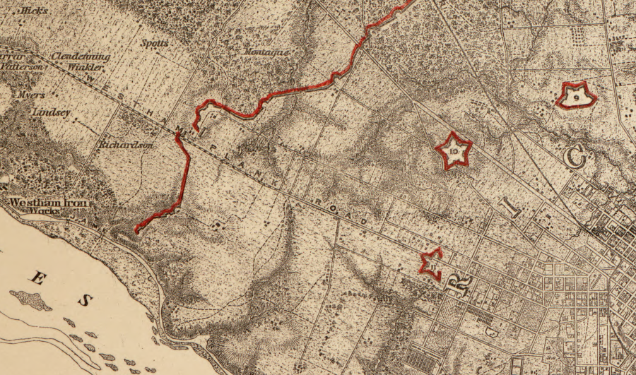 during the Civil War, the ridge at the modern intersection of Three Chopt Road and River Road (Westham Plank Road) was fortified as part of the outer defenses for the Confederate capital