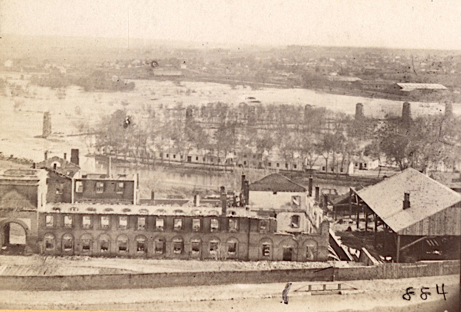 looking past the ruins of the Confederate Arsenal towards Belle Isle, after the Evacuation Fire in April 1865