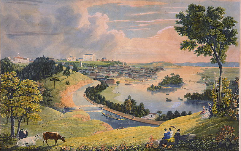 despite the pastoral scene showing the James River and Kanawha Canal, the transportation artery spurred manufacturing in Richmond by reducing transportation costs and providing waterpower to Tredegar Iron Works and various mills