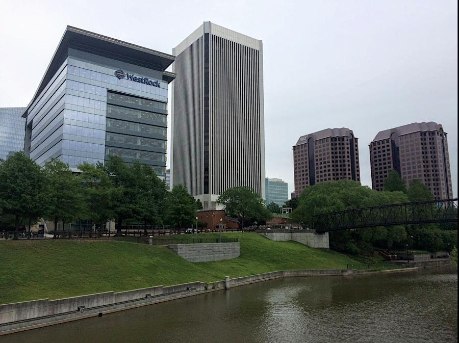Federal Reserve and other downtown office buildings, seen from bridge over Haxall Canal