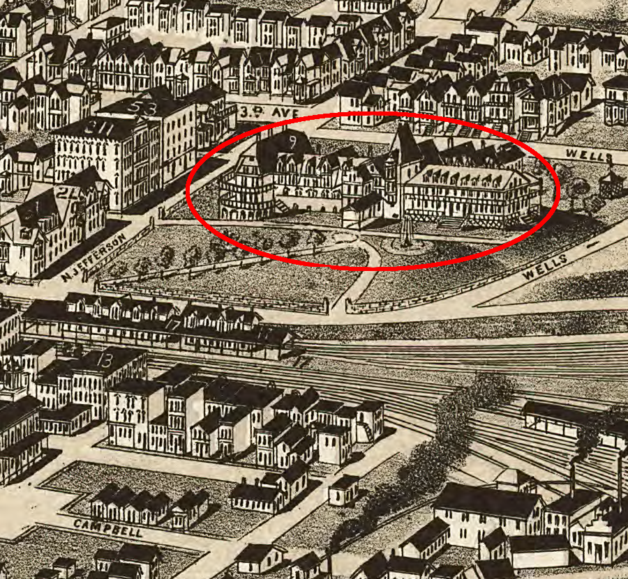 original Hotel Roanoke in 1891, overlooking Norfolk and Western train depot