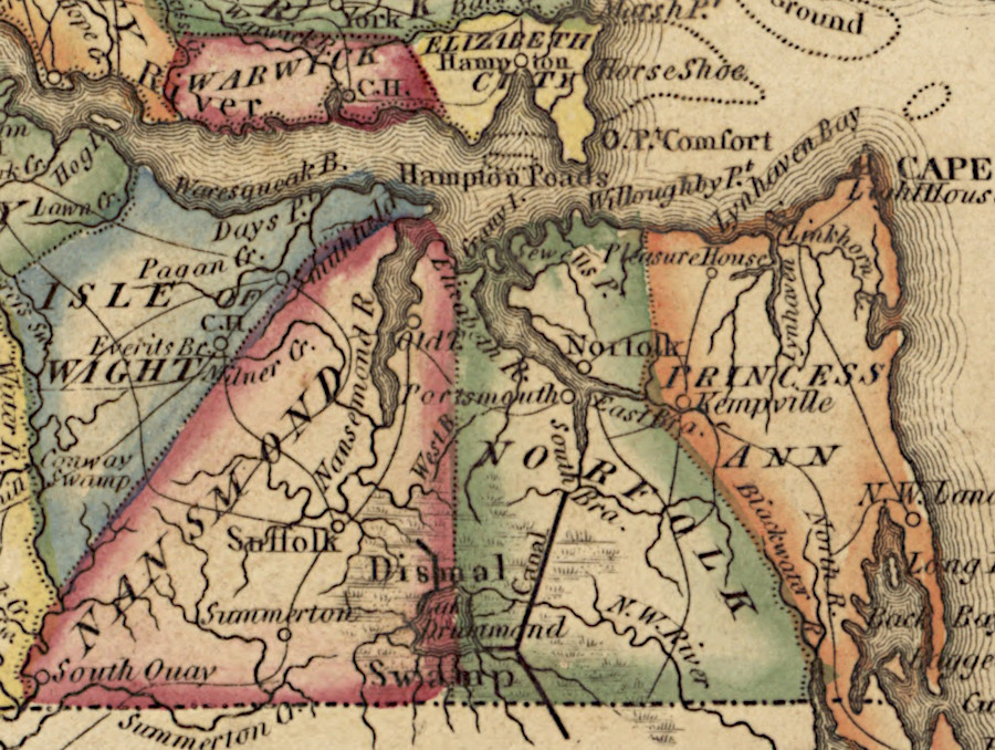 a map produced before 1820 shows the now-extinct counties of Warwick, Elizabeth City, Nansemond, Norfolk, and Princess Ann