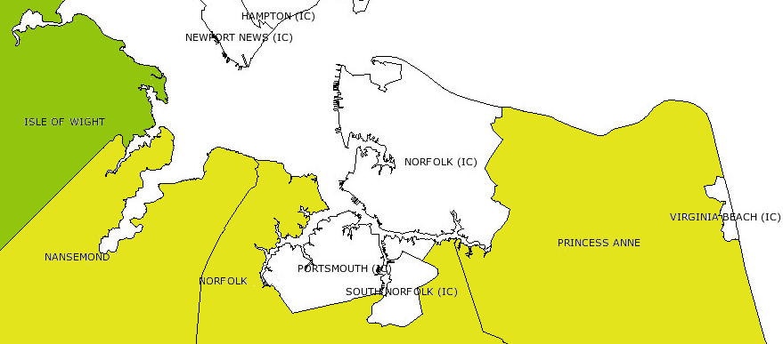 since 1960, land once classified as counties (yellow) has shifted to city status as the independent city of South Norfolk consolidated with Norfolk County to form the City of Chesapeake, the independent city of Virginia Beach consolidated with Princess Anne County to form the City of Virginia Beach, and Nansemond County converted into the City of Suffolk