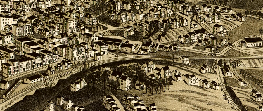 Sears Hill, pedestrian bridge over Chesapeake and Ohio tracks to railroad depot, and the Wharf in 1891
