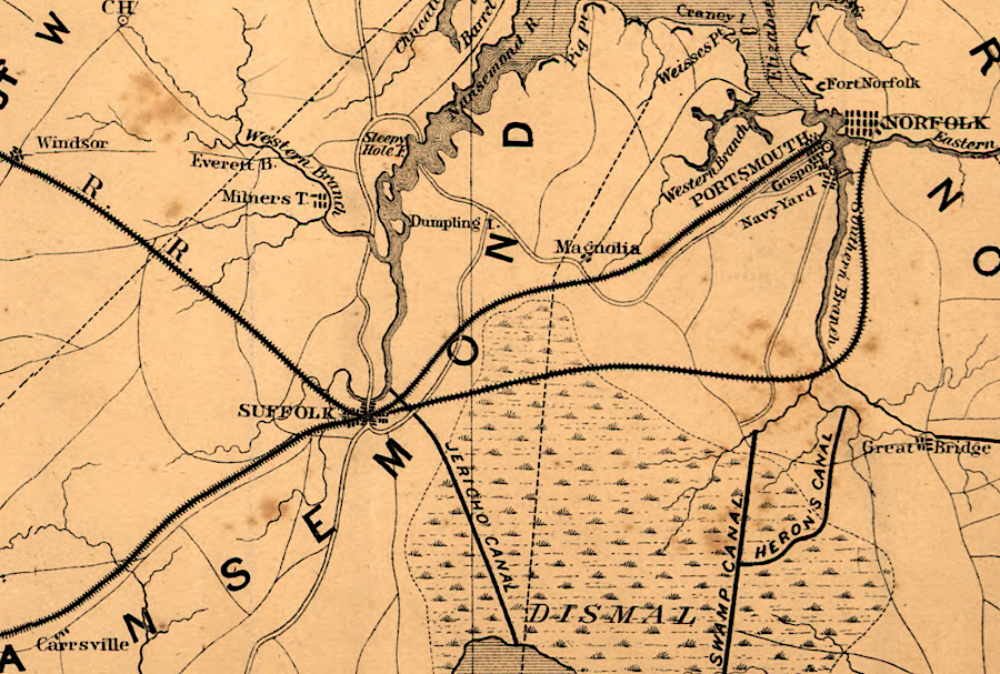 the Seaboard and Roanoke Railroad and the Norfolk and Petersburg Railroad passed through Suffolk in 1862