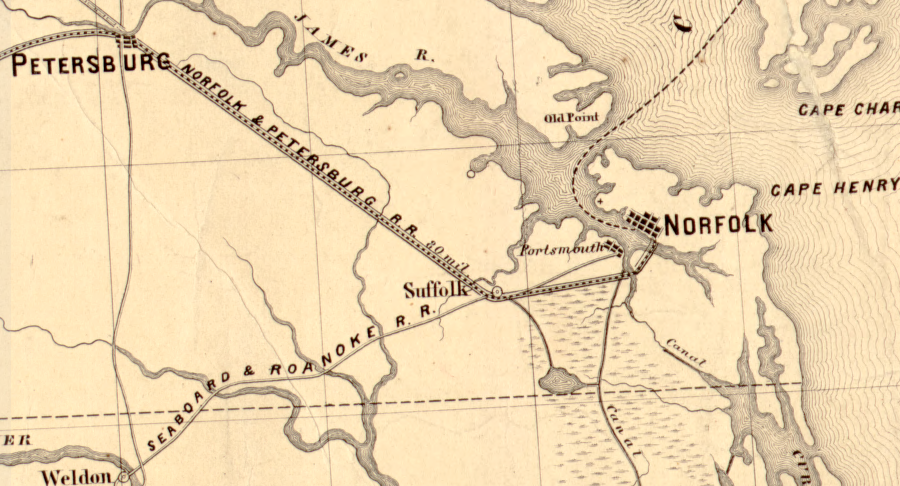 when the Norfolk and Petersburg railroad was built, there were no towns between Suffolk-Petersburg
