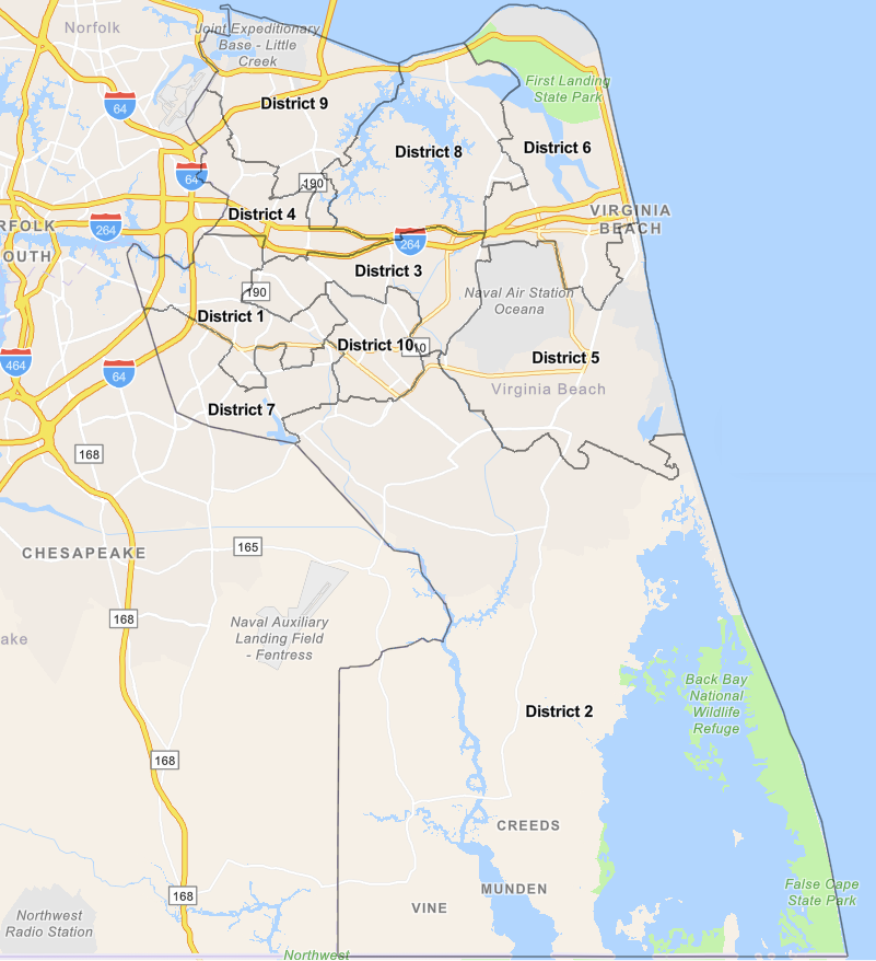 Virginia Beach was forced by a 2021 Federal Court decision to adopt 10 separate election districts for City Council and School Board elections