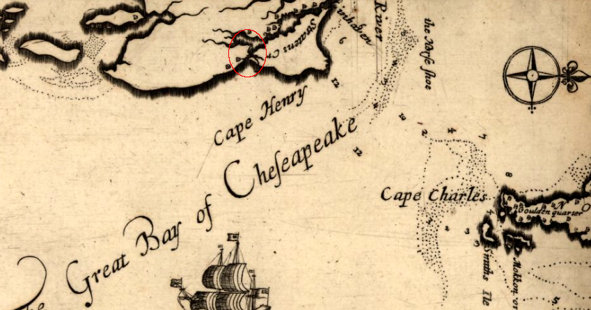 an inlet on the Atlantic Ocean linked to Lynnhaven River in 1670, isolating the northeastern tip of what became the City of Virginia Beach