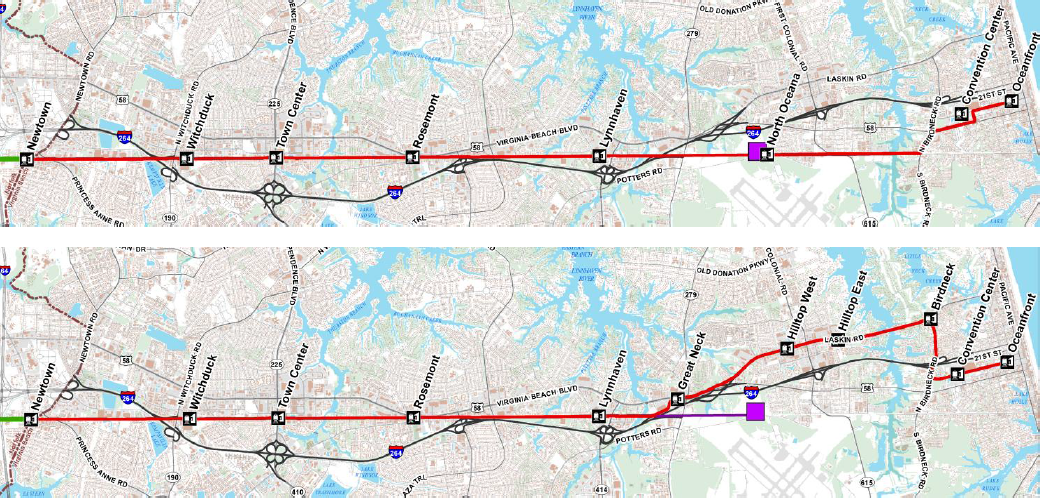 two other proposed routes for light rail extension in Virginia Beach would reach the Oceanfront, by different routes