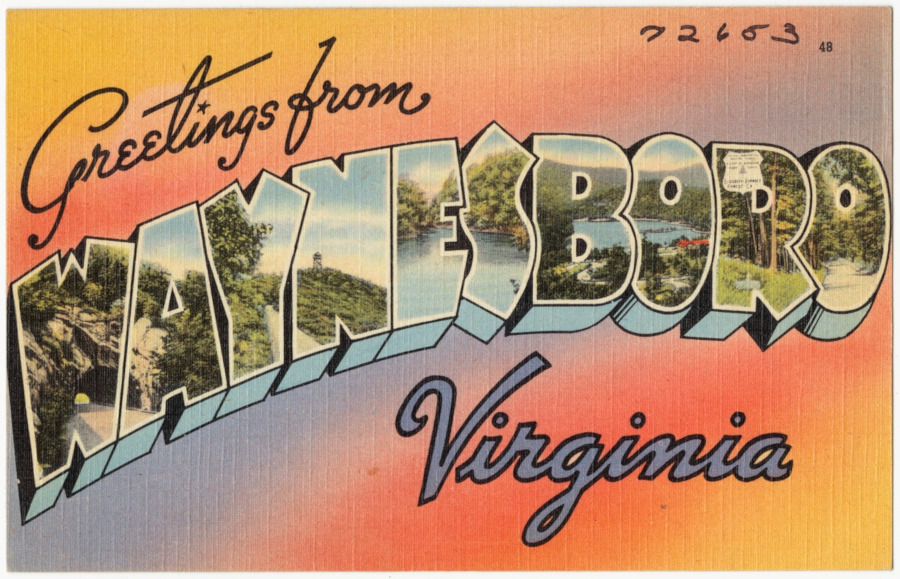 a 1930-1945 tourism postcard highlighted how Waynesboro was close to parks and forests