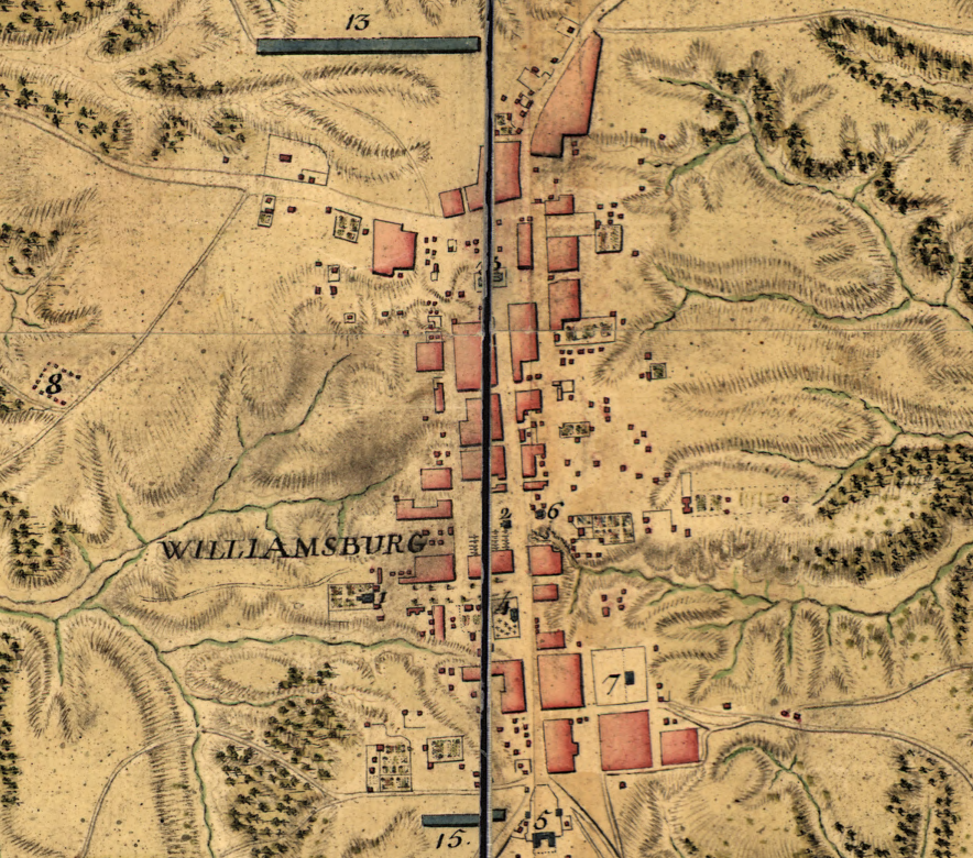 Williamsburg was a compact town with structures centered on Duke of Gloucester Street, at the end of the American Revolution