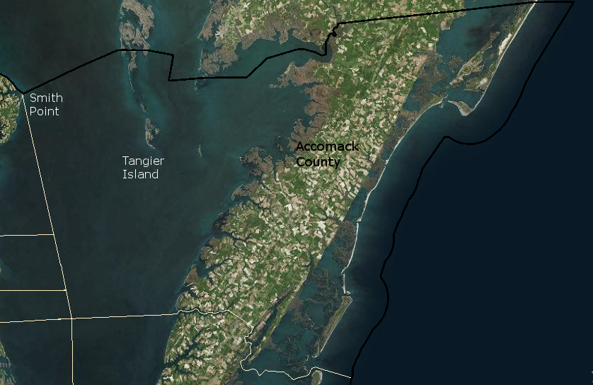 the boundaries of Accomack County extend to the eastern edge of the Chesapeake Bay at Smith Point, and include Tangier Island