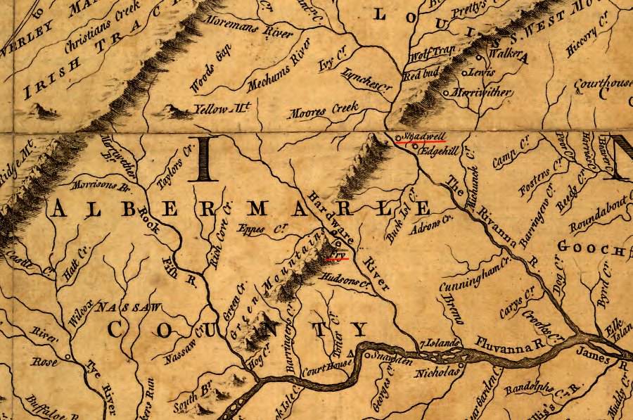 in 1755, Peter Jefferson and Joshua Fry showed their homes - but not the community at Charlottesville - on their map of Virginia