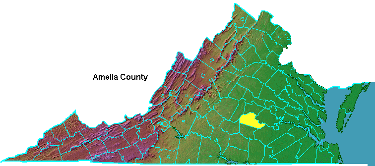 Amelia County, highlighted in map of Virginia